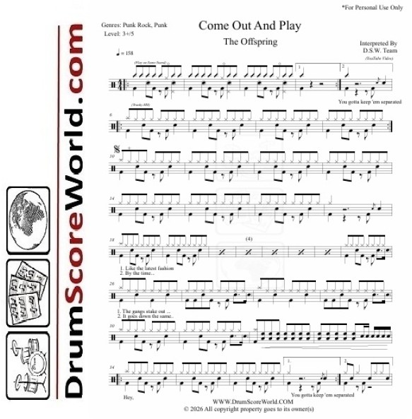 Offspring - Come Out and Play - Drum Sheet + Play-Along Track 